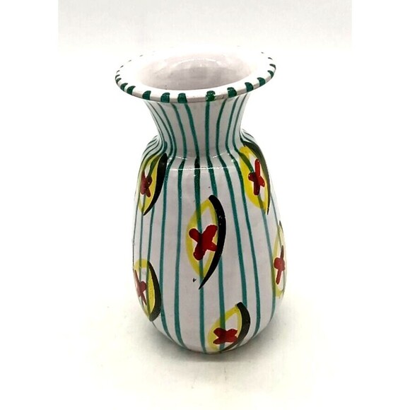 Vtg Italian Pottery Turquoise Stripe Fun Abstract MCM 6" Terracotta Vase #566 - Picture 1 of 8